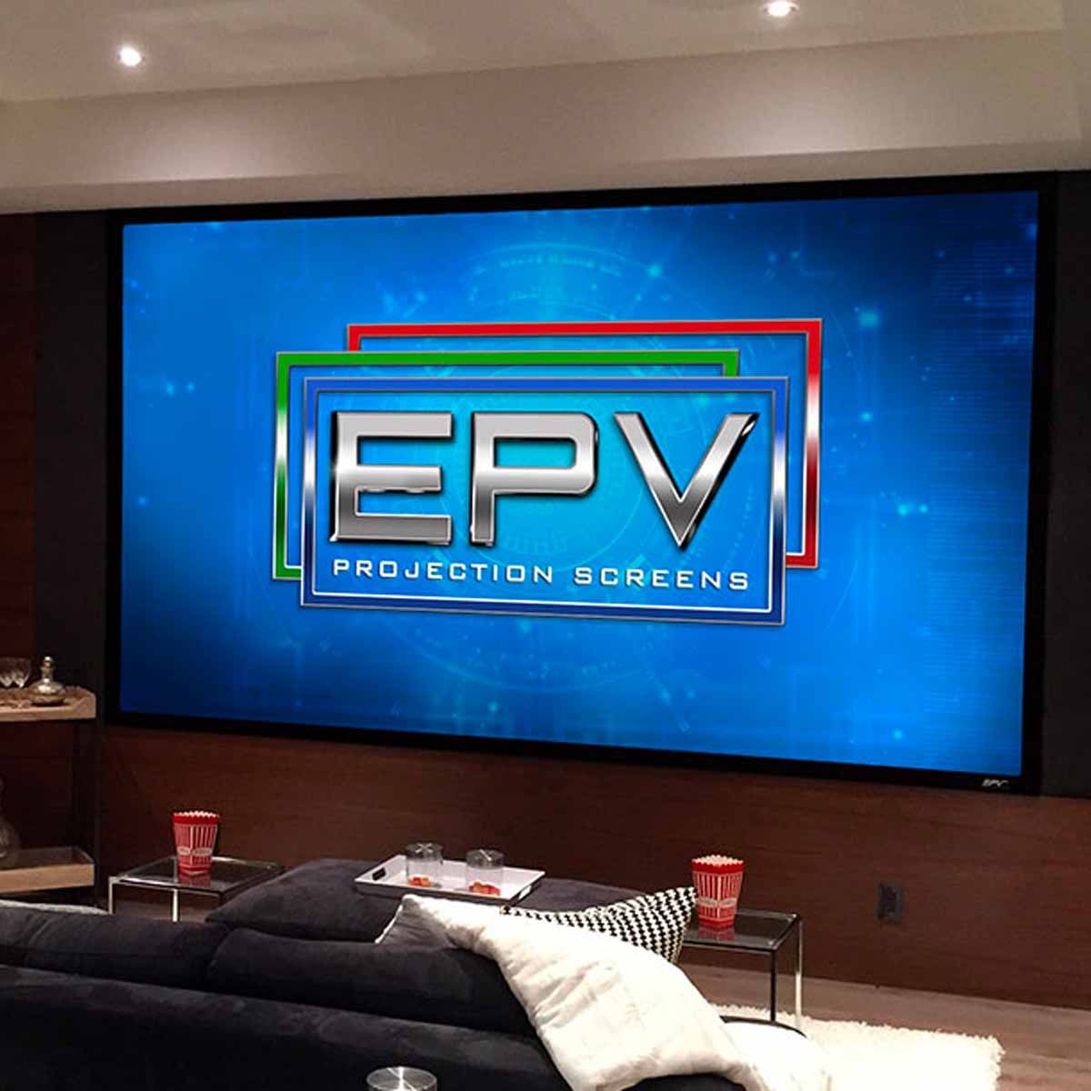EPV Prime Vision ISF 3 Projector Screen installed in theater with image of EPV logo