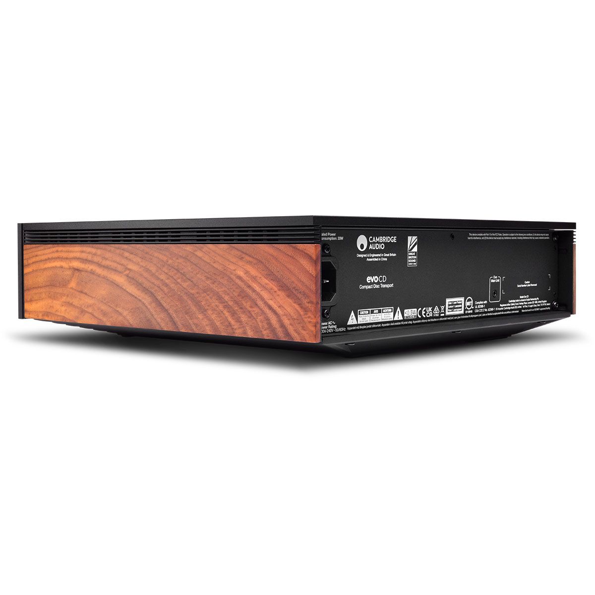 Cambridge Audio EVO Compact Disc Transport angled right rear view with wood side panels