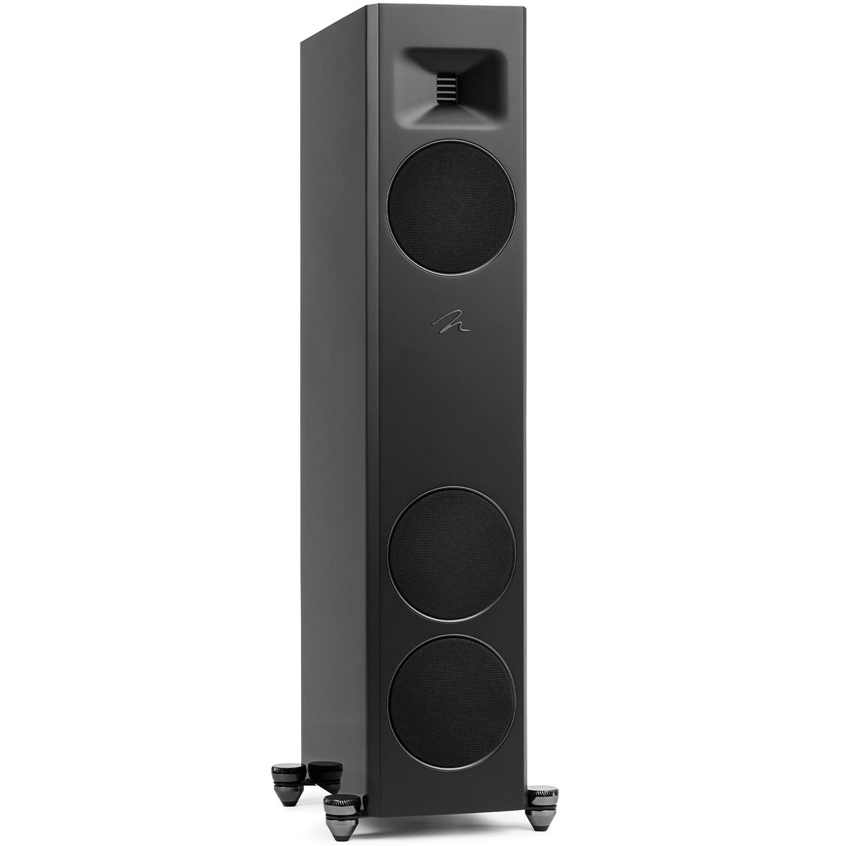 MartinLogan Motion XT F10  Floorstanding Speaker in black, angled view with grilles on white background