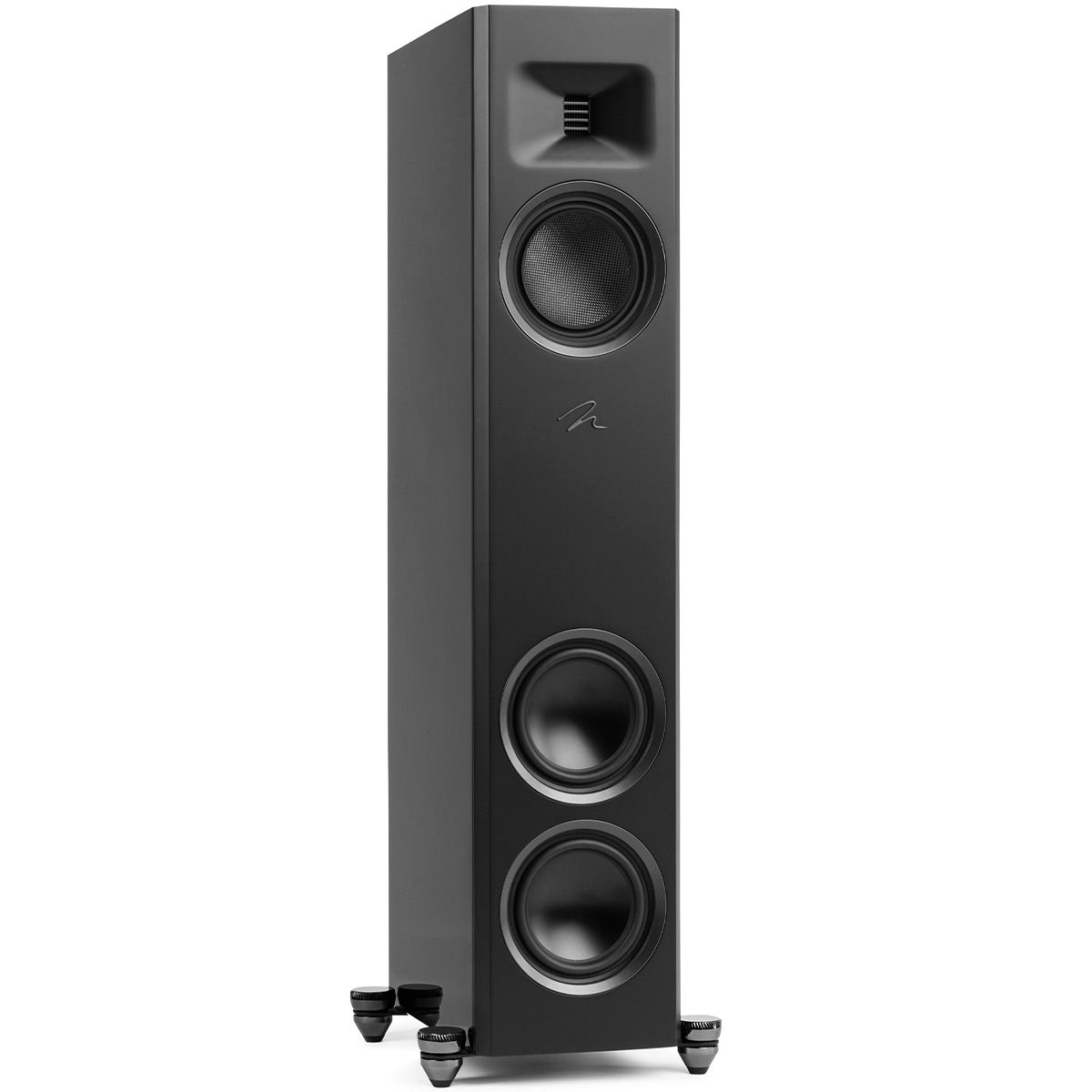 MartinLogan Motion XT F10  Floorstanding Speaker in black, angled view without grilles on white background