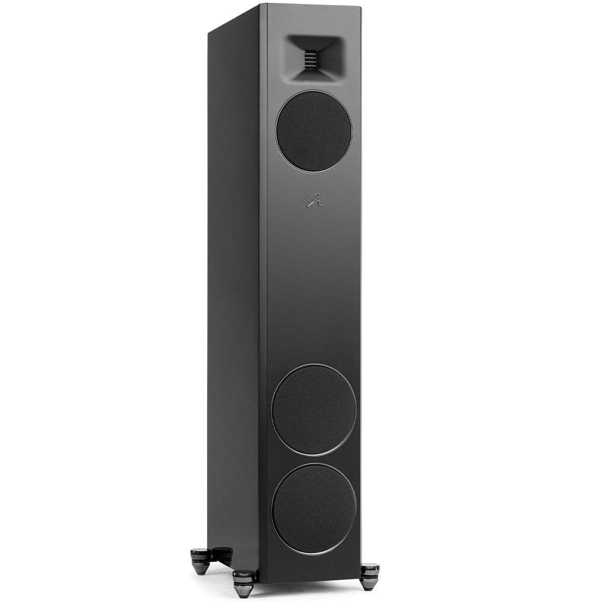 MartinLogan Motion XT F20 Floorstanding Speaker in black, angled view with grilles on white background