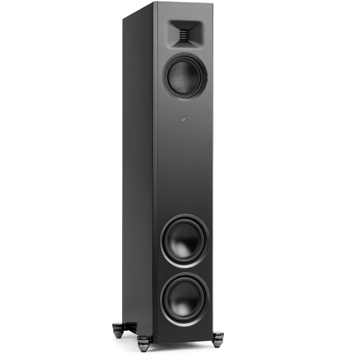 MartinLogan Motion XT F20  Floorstanding Speaker in black, angled view without grilles on white background