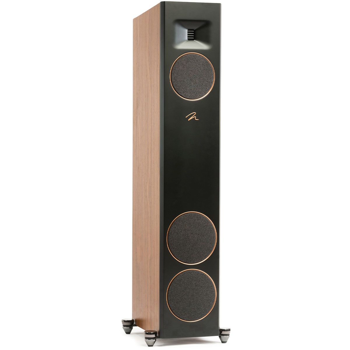MartinLogan Motion XT F20 Floorstanding Speaker in walnut, angled view with grilles on white background