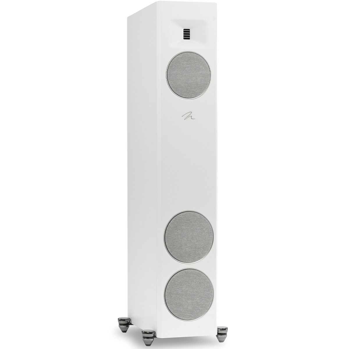 MartinLogan Motion XT F20 Floorstanding Speaker in white, angled view with grilles on white background