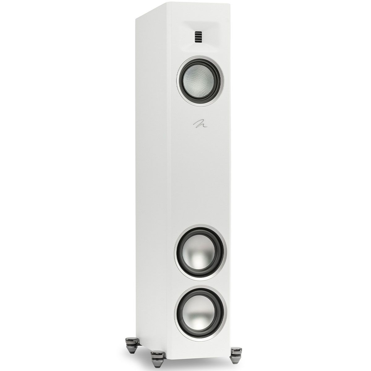 MartinLogan Motion XT F20  Floorstanding Speaker in white, angled view without grilles on white background