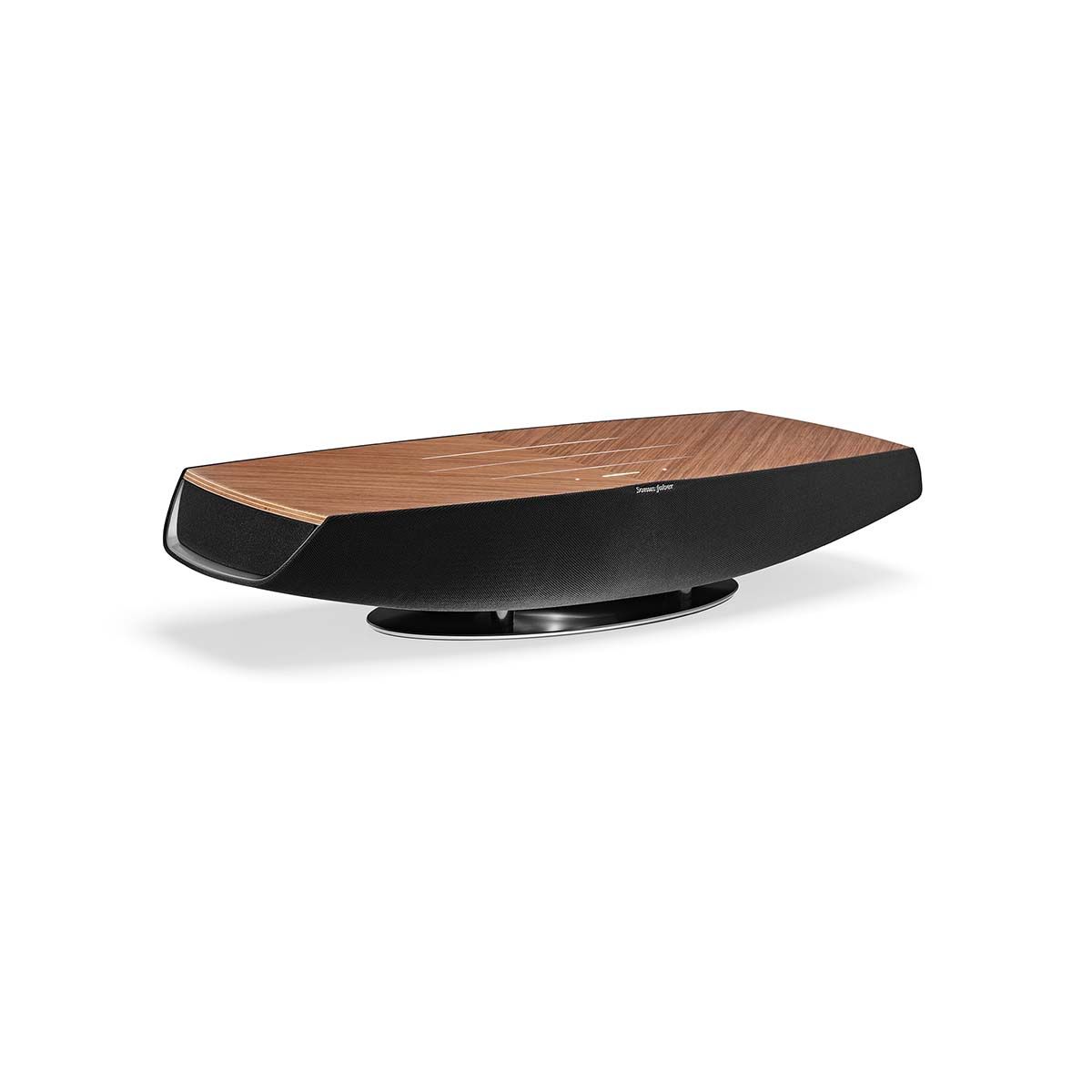 Sonus Faber Omnia Wireless Smart Speaker, Walnut, front angled view