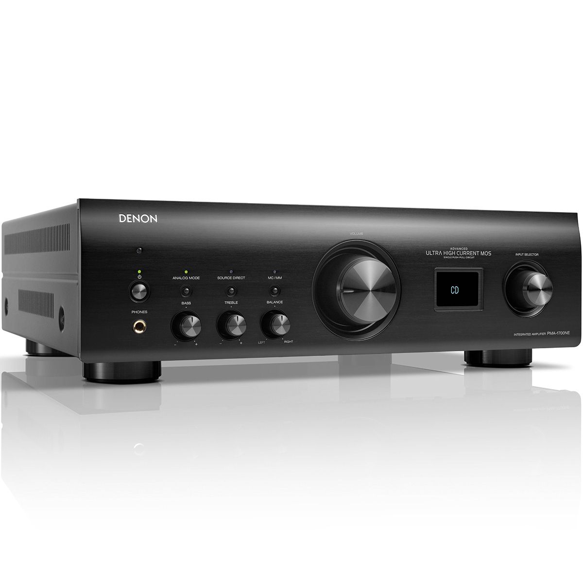 Front view of the black Denon PMA-1700 at a right angle