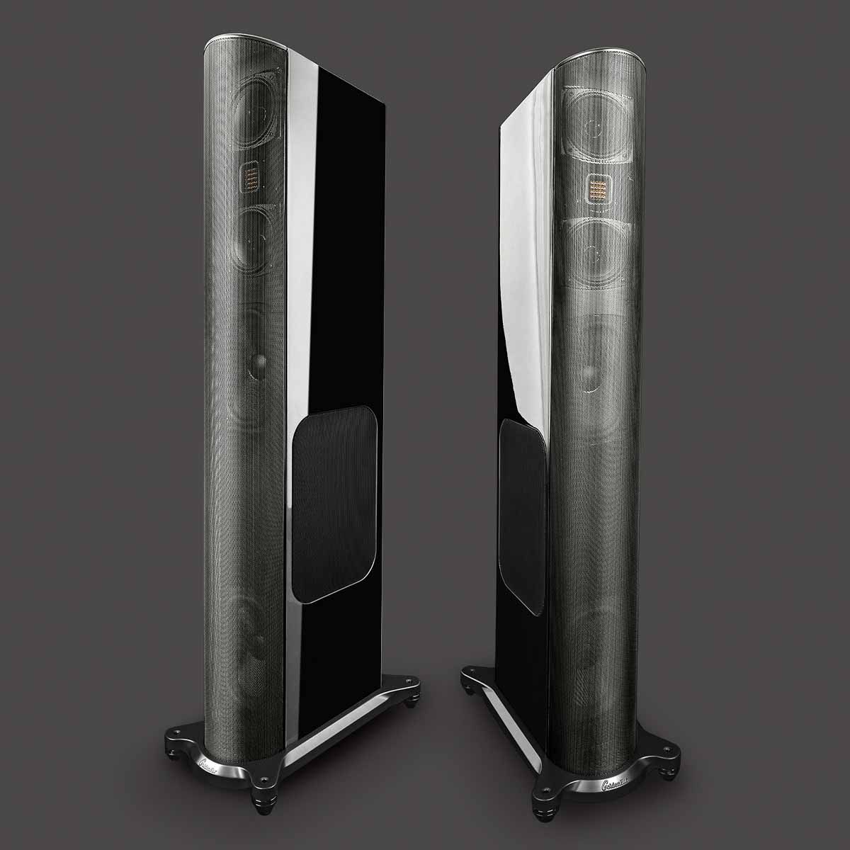 GoldenEar T66 Floorstanding Loudspeaker - Gloss Black - Each pair with grilles on black background