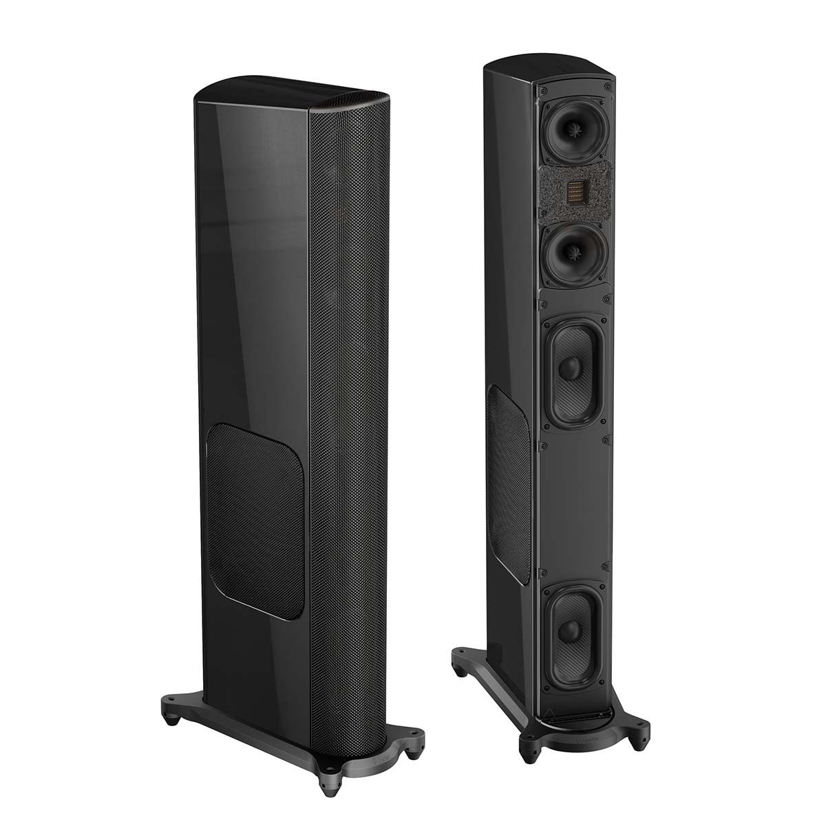 GoldenEar T66 Floorstanding Loudspeaker - Gloss Black - Each front view of pair, one with grille, one without grille