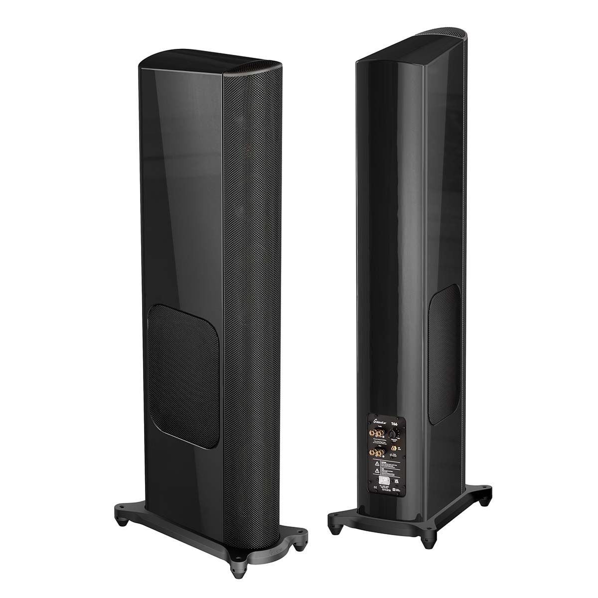GoldenEar T66 Floorstanding Loudspeaker - Gloss Black - Each view of pair, one front view with grille, one rear view