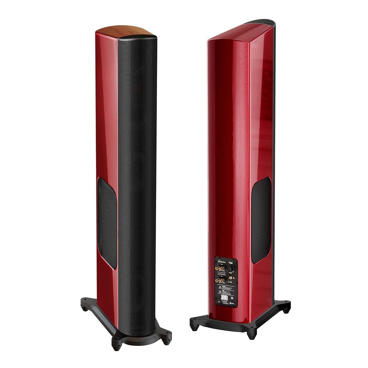 GoldenEar T66 Floorstanding Loudspeaker - Santa Barbara Red - Each view of pair, one front view with grille, one rear view