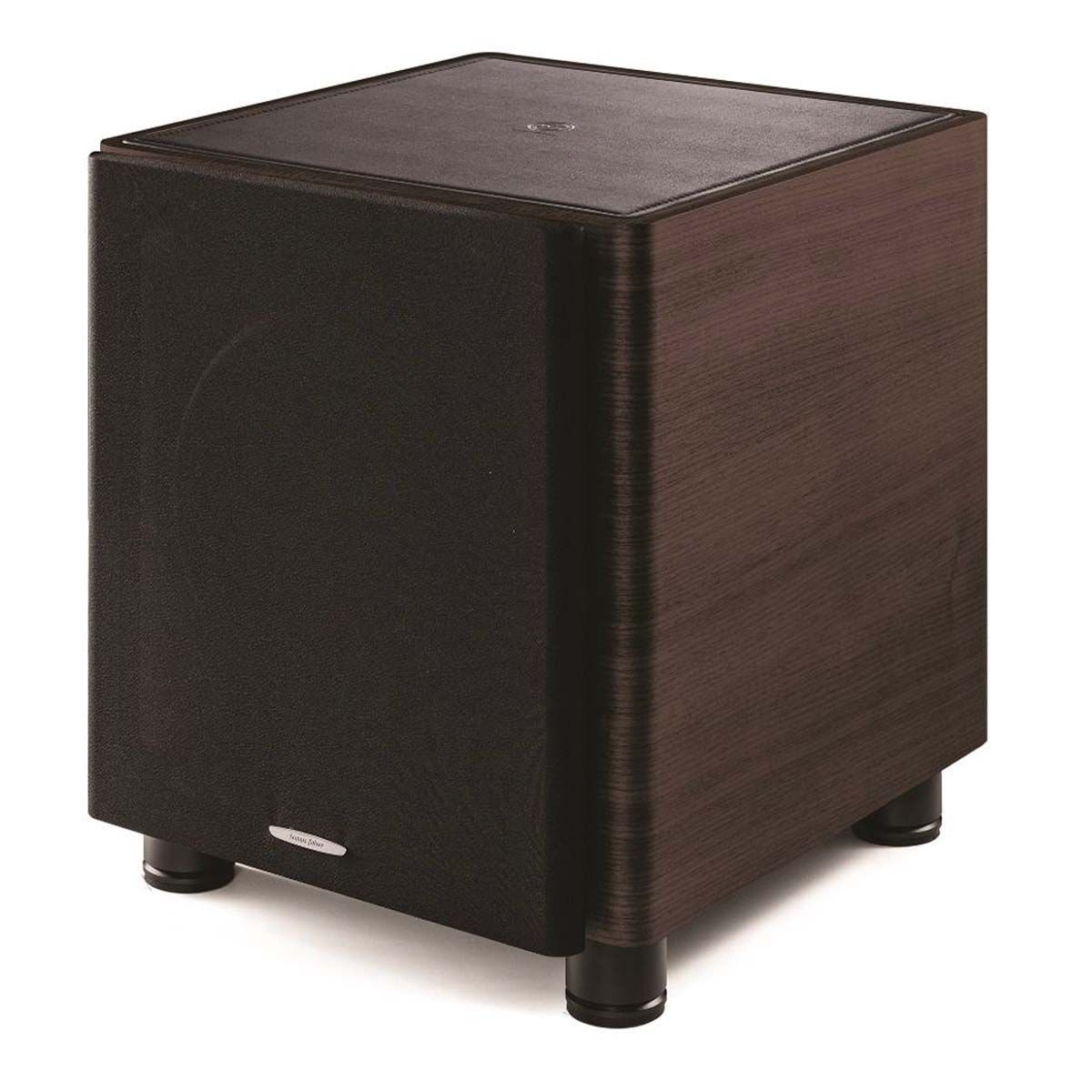 Sonus Faber Gravis II 10" Powered Subwoofer wenge angled front view with grille
