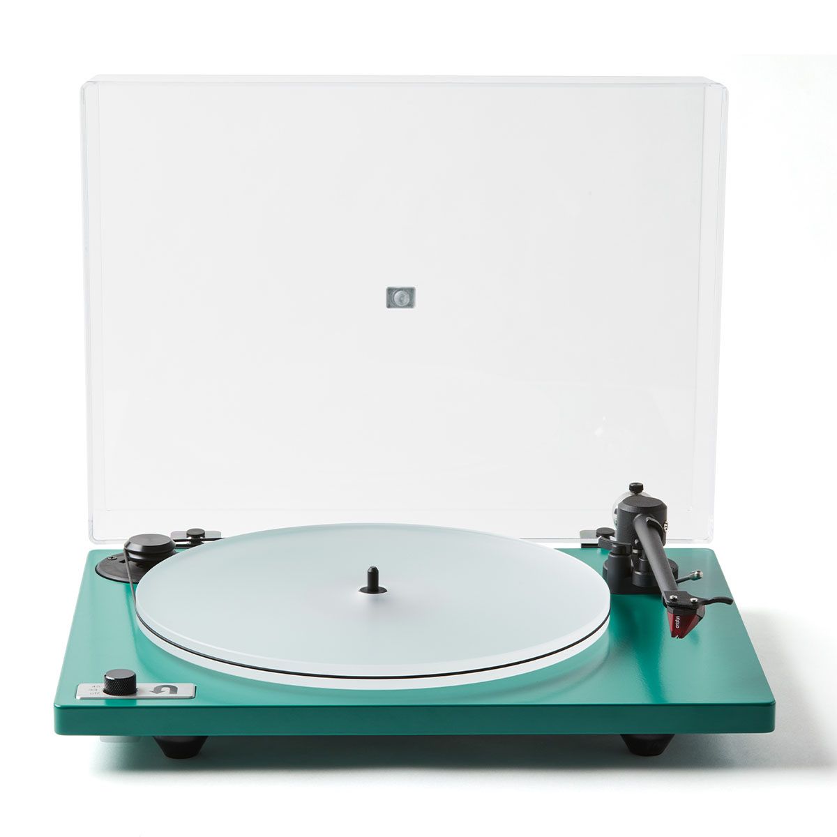 U-Turn Orbit Special Turntable in green on white background w/ dustcover open