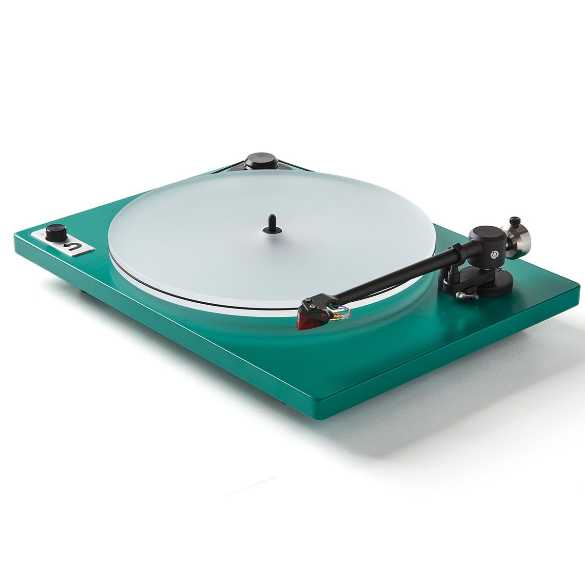 U-Turn Orbit Special Turntable in green on white background w/ focus on tonearm and Ortofon 2M Red Cartridge