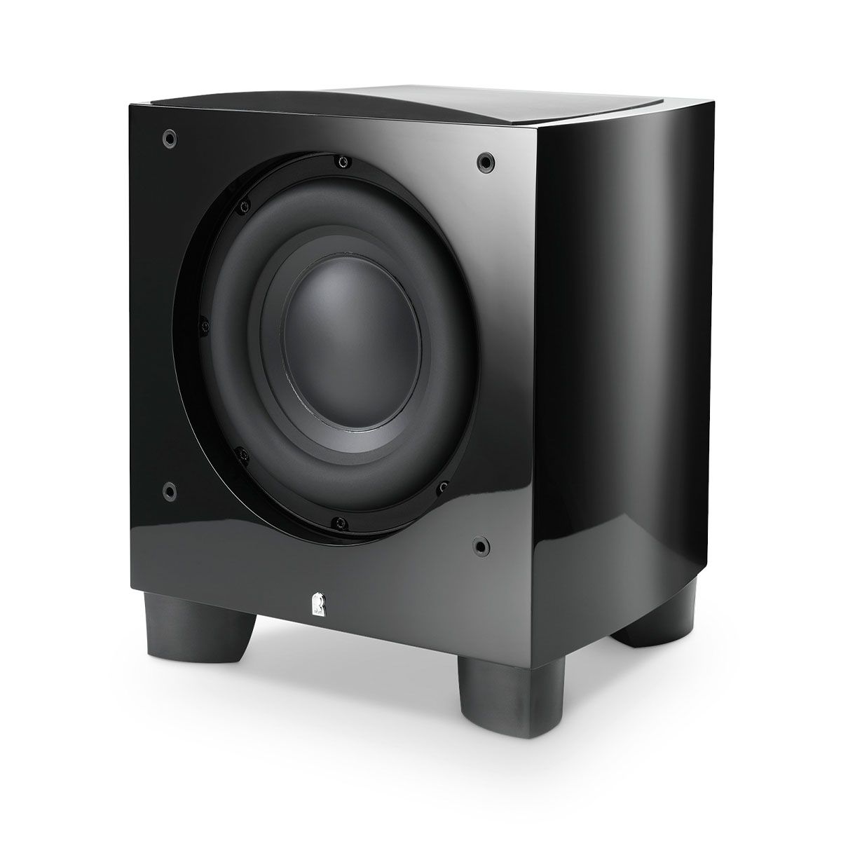 Revel B110v2 10” 1000W Powered Subwoofer - single black without grille - angled front view