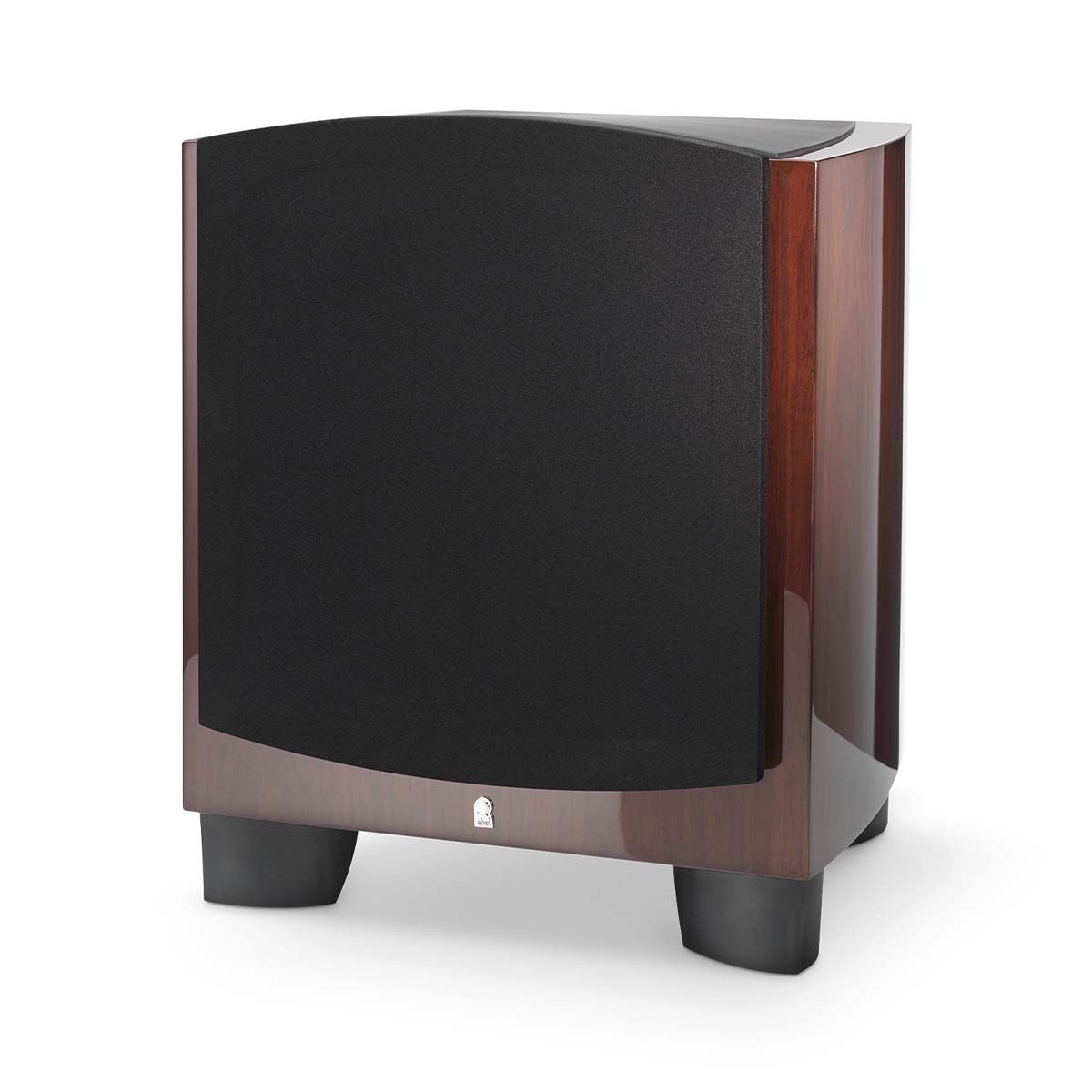 Revel B110v2 10” 1000W Powered Subwoofer - single walnut with grille - angled front view