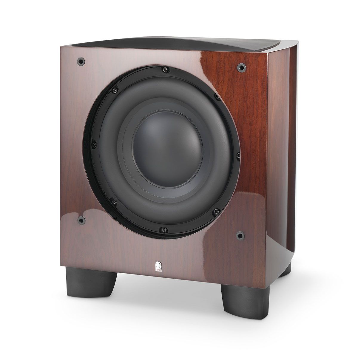 Revel B110v2 10” 1000W Powered Subwoofer - single walnut without grille - angled front view