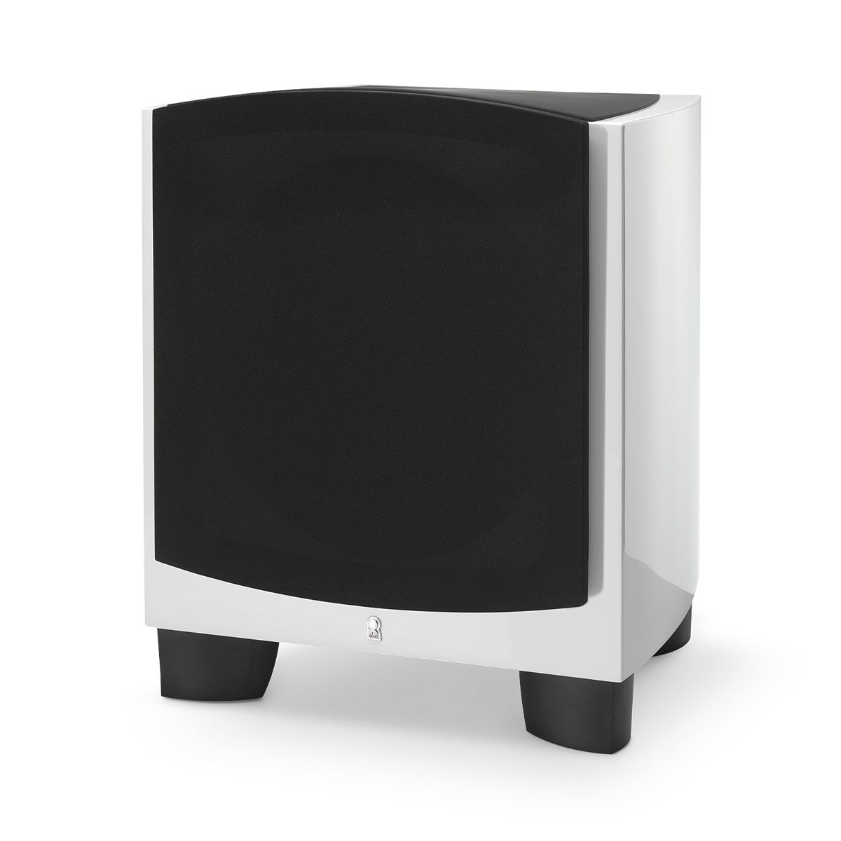 Revel B110v2 10” 1000W Powered Subwoofer - single white with grille - angled front view