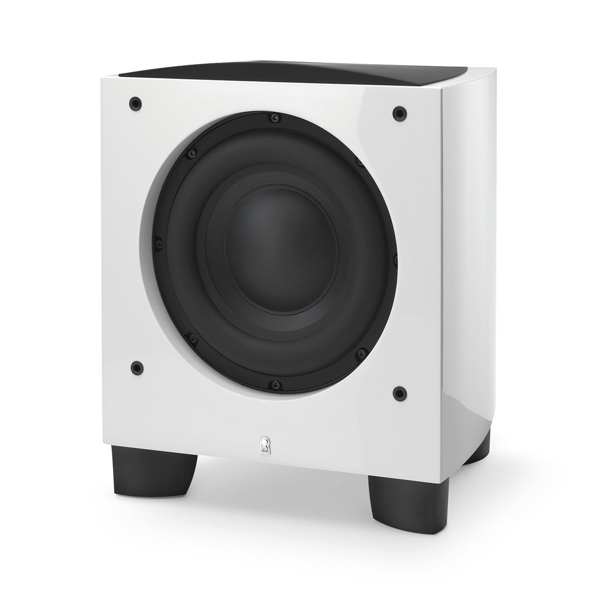 Revel B110v2 10” 1000W Powered Subwoofer - single white without grille - angled front view