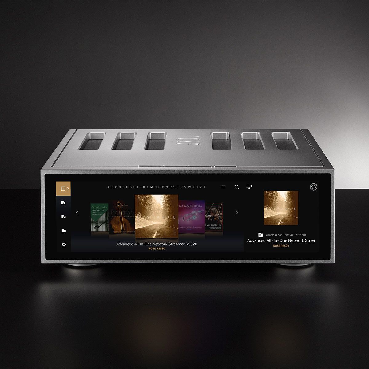 HiFi Rose 520 All-In-One Network Streamer Front Top View in Cinematic Scene