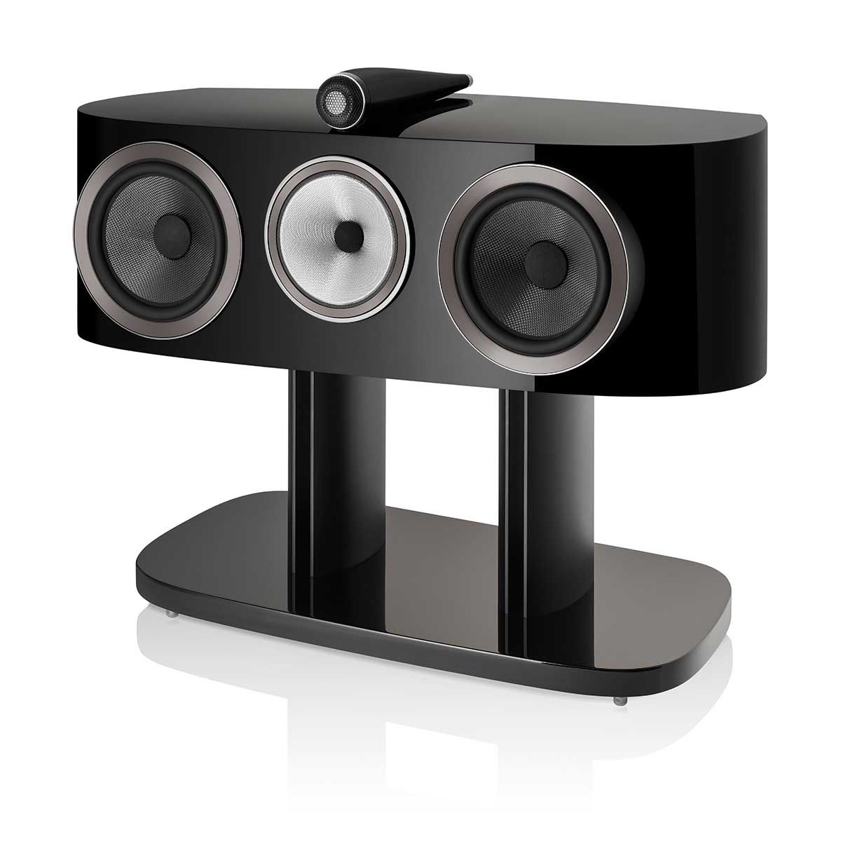 Bowers & Wilkins HTM81 D4 Center Channel Speaker, Gloss Black, front angle without grille on stand