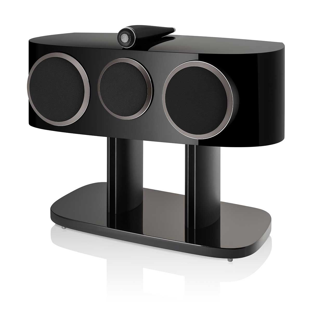 Bowers & Wilkins HTM81 D4 Center Channel Speaker, Gloss Black, front angle with grille on stand