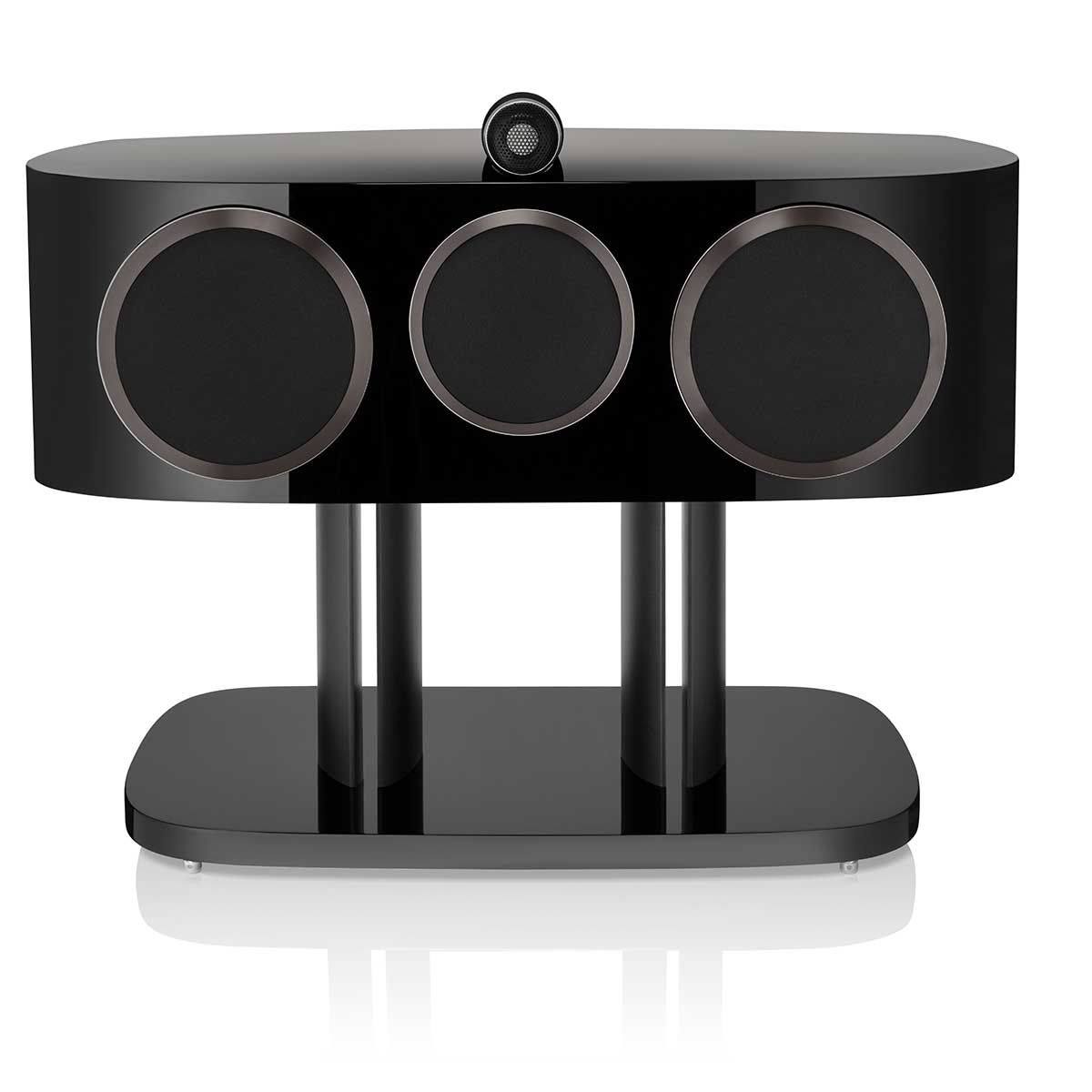 Bowers & Wilkins HTM81 D4 Center Channel Speaker, Gloss Black, front view with grille on stand