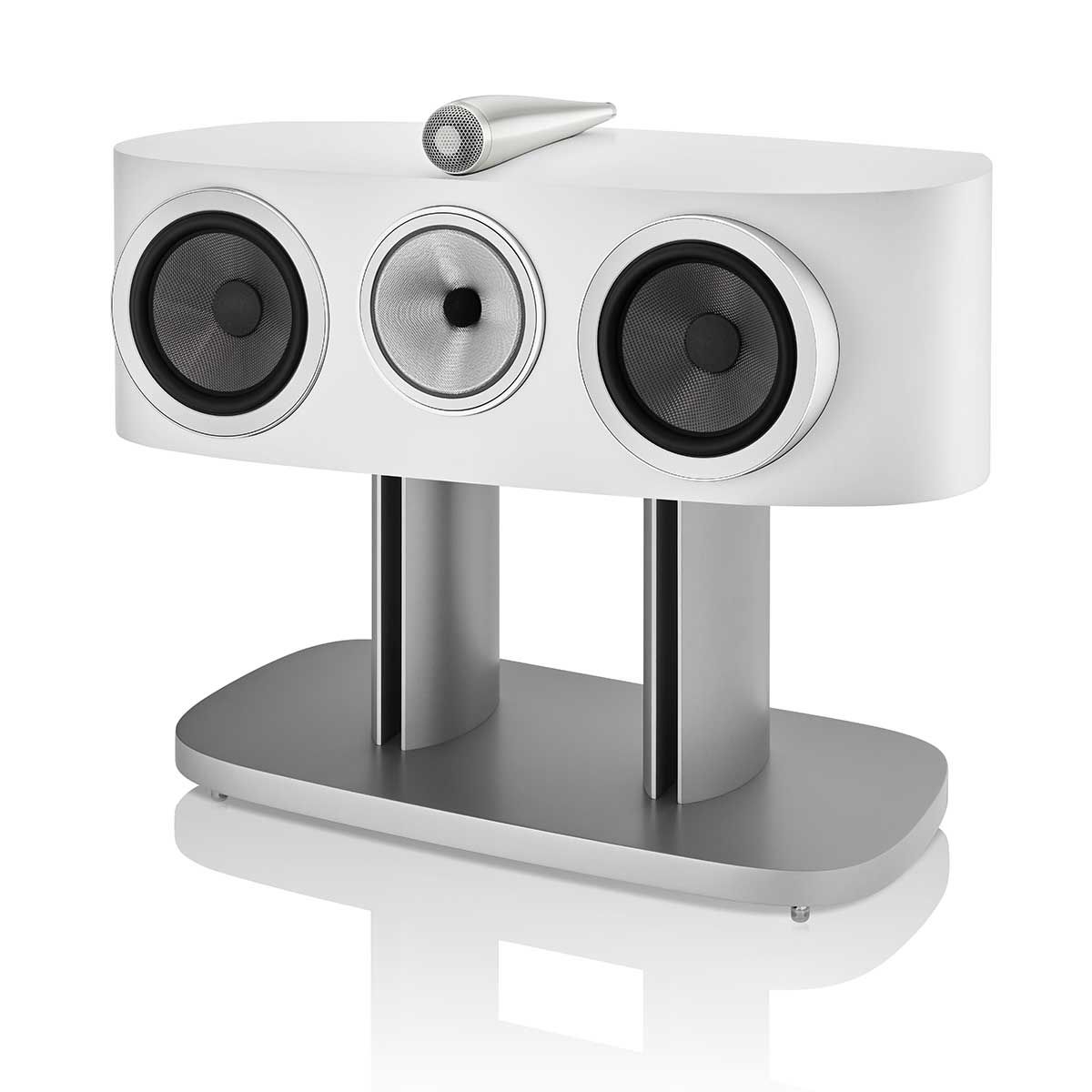 Bowers & Wilkins HTM81 D4 Center Channel Speaker, White, front angle without grille on stand