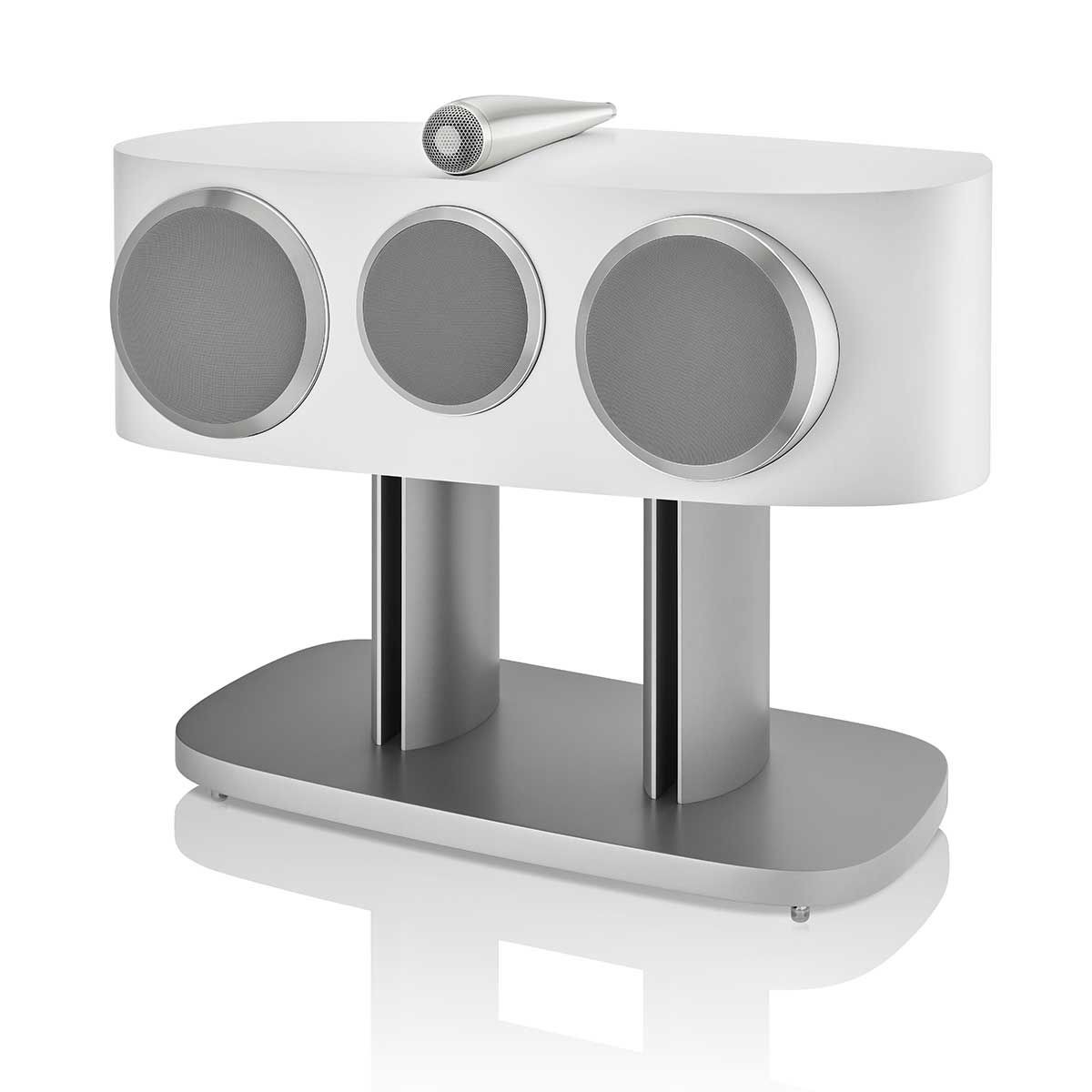 Bowers & Wilkins HTM81 D4 Center Channel Speaker, White, front angle with grille on stand