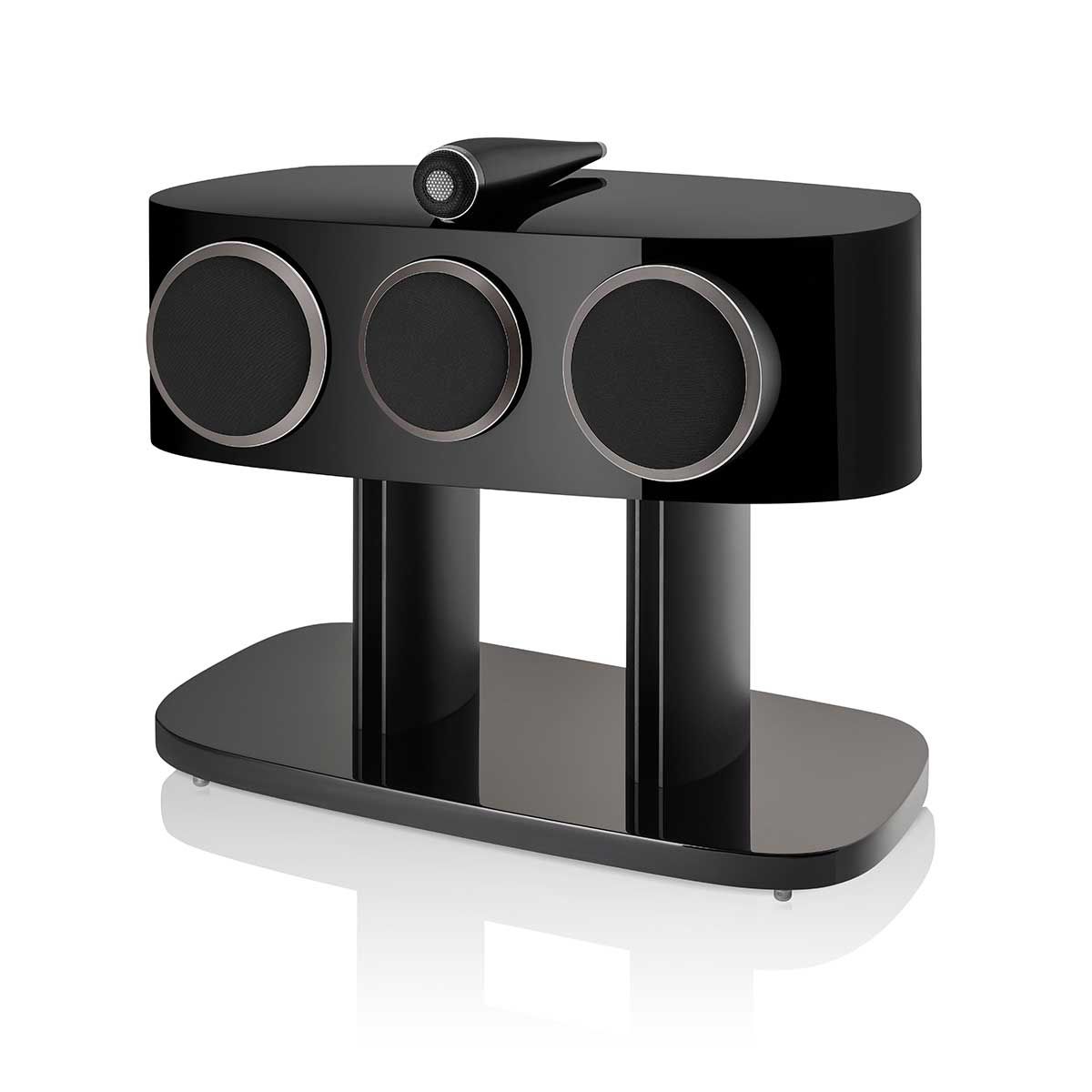 Bowers & Wilkins HTM82 D4 Center Channel Speaker, Gloss Black, front angle with grille on stand