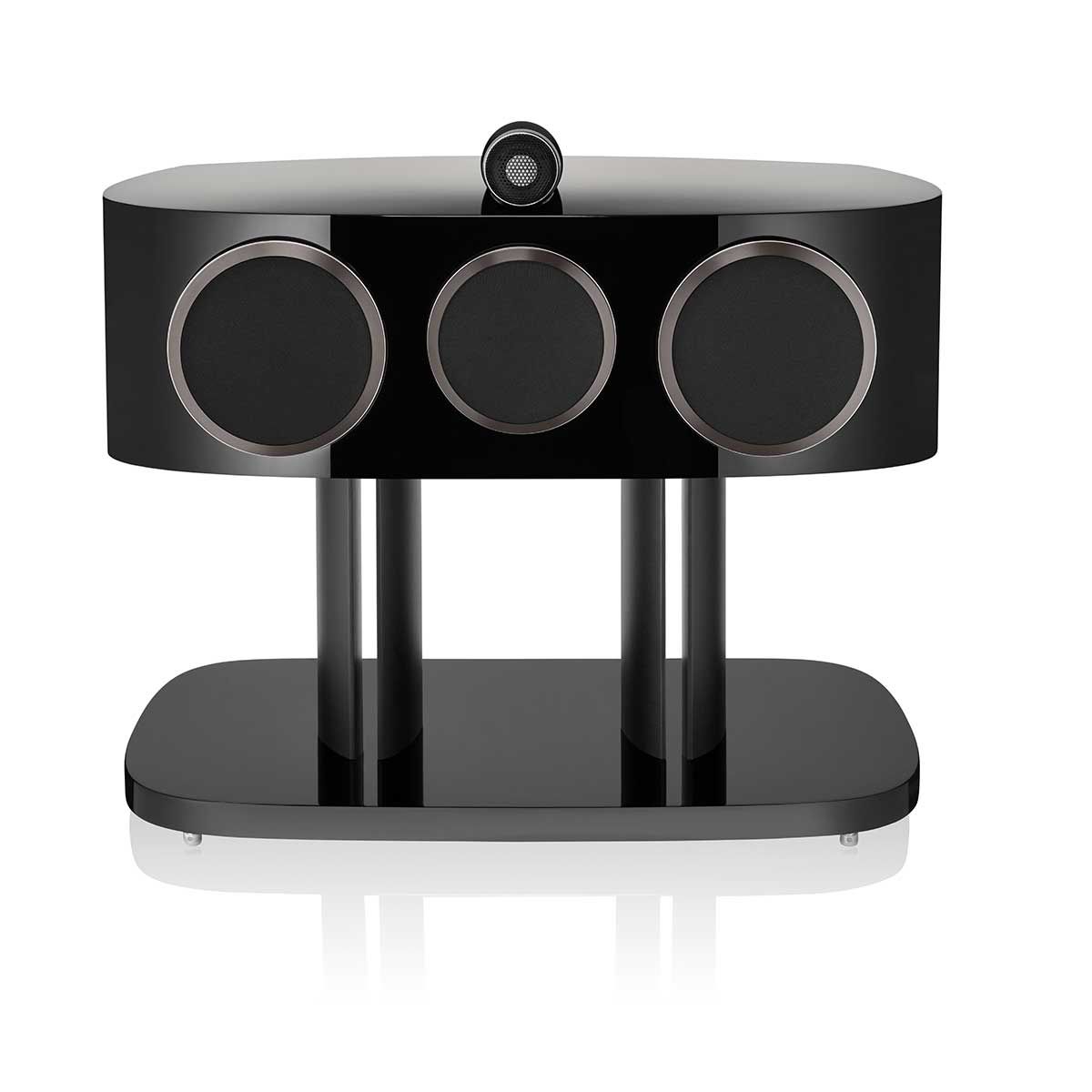 Bowers & Wilkins HTM82 D4 Center Channel Speaker, Gloss Black, front view with grille on stand