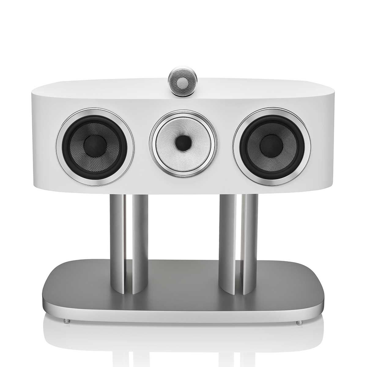 Bowers & Wilkins HTM82 D4 Center Channel Speaker, White, front view without grille on stand