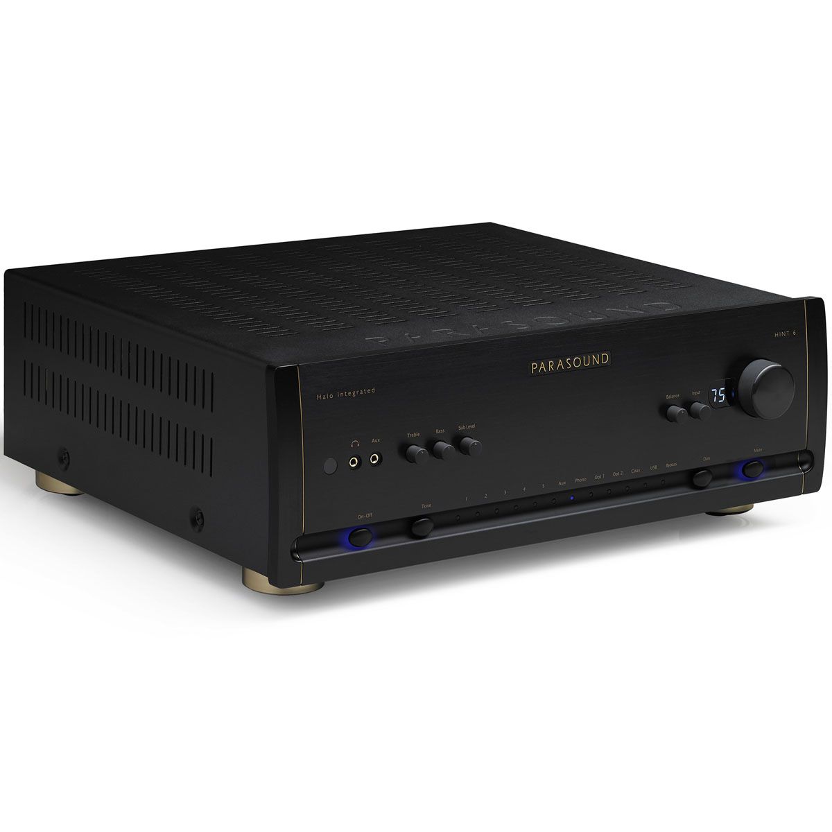 Parasound Halo HINT 6 Integrated Amplifier black angled front view