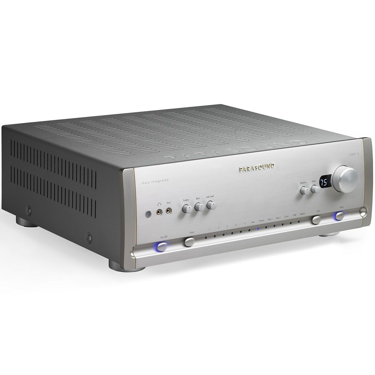 Parasound Halo HINT 6 Integrated Amplifier silver angled front view