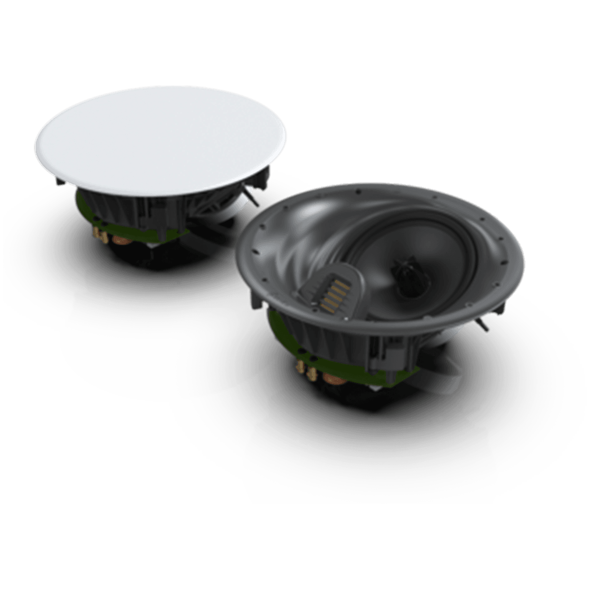 GoldenEar Invisa HTR 8000 In-Ceiling LCR Speaker, set of two, front view with grille on and grille off