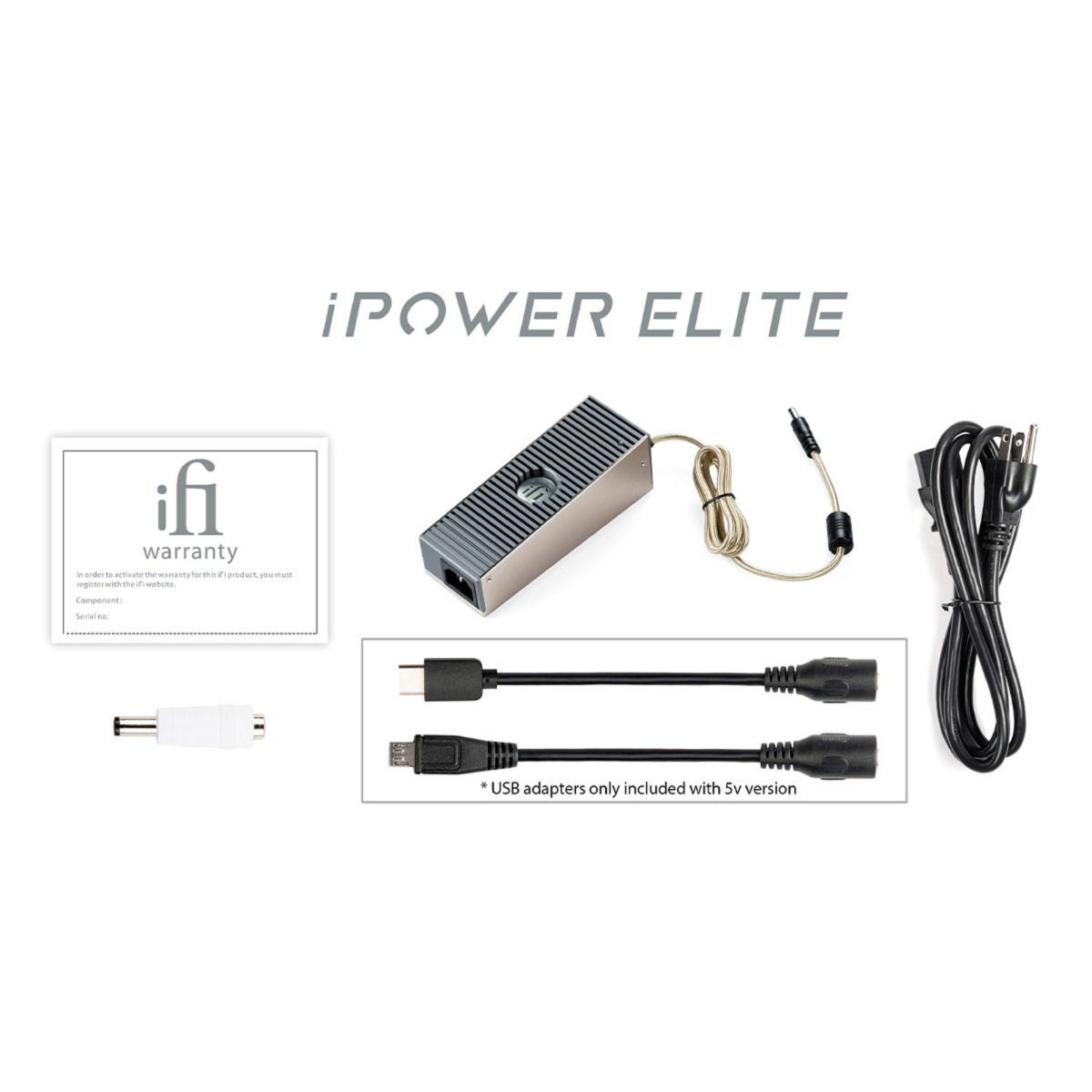 iFi Audio iPower Elite Power Supply, warranty card, power cable and usb adapters