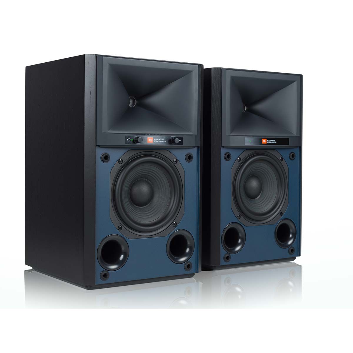 JBL 4305P Powered Bookshelf Speakers, Black, front angle view without grilles
