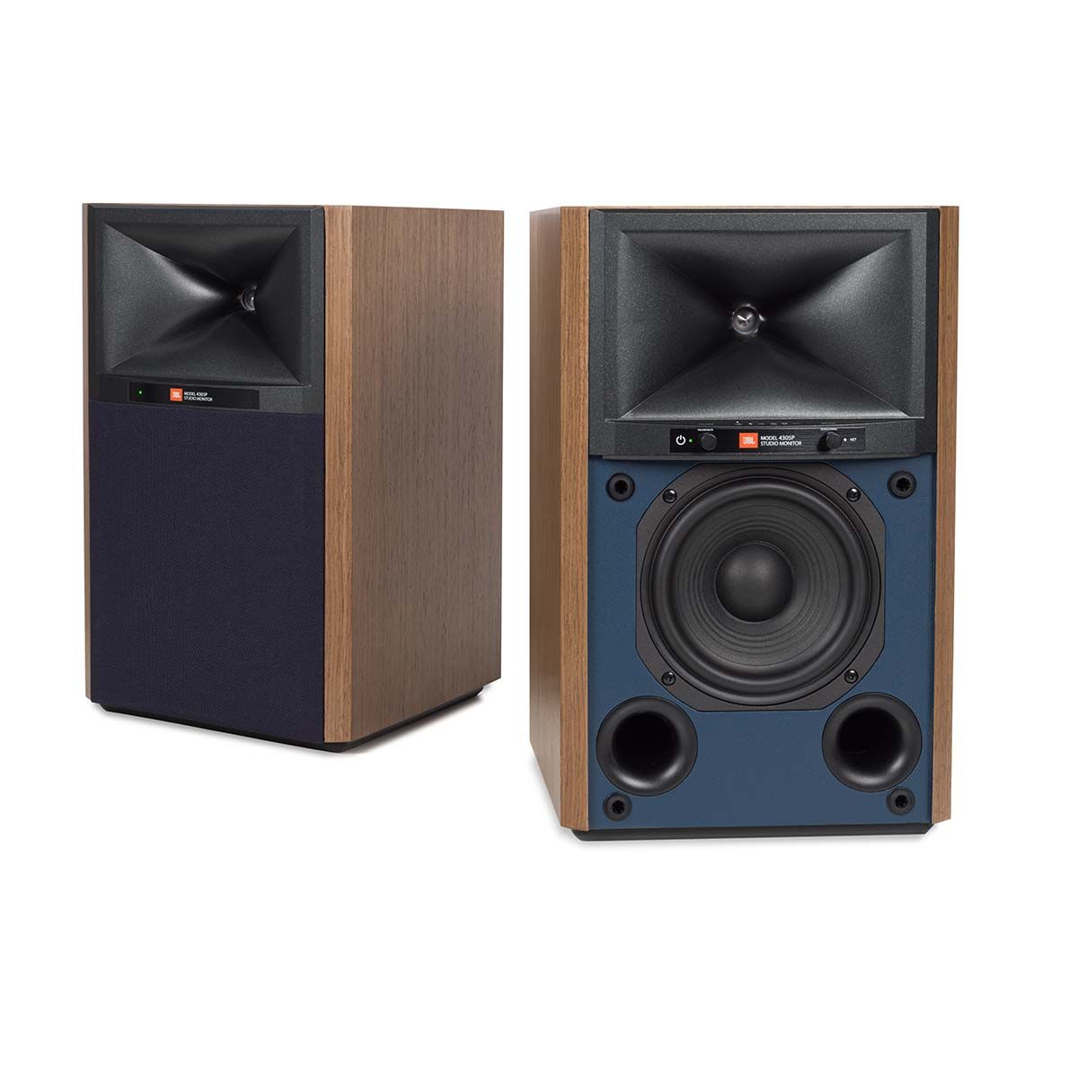 JBL 4305P Powered Bookshelf Speakers, Walnut, set of two, one with grille and one without