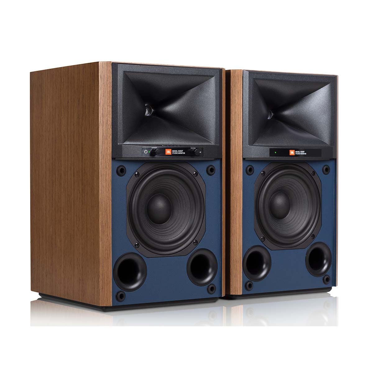 JBL 4305P Powered Bookshelf Speakers, Walnut, front angle view with no grilles