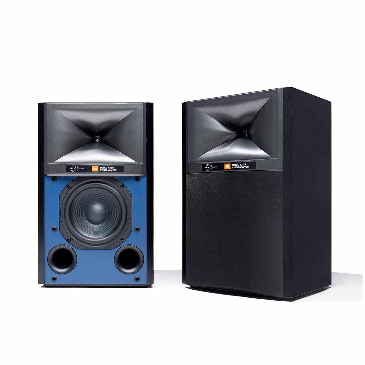 JBL Synthesis 4309 Bookshelf Speakers, Black, set of 2, front view, one with grille, one without grille
