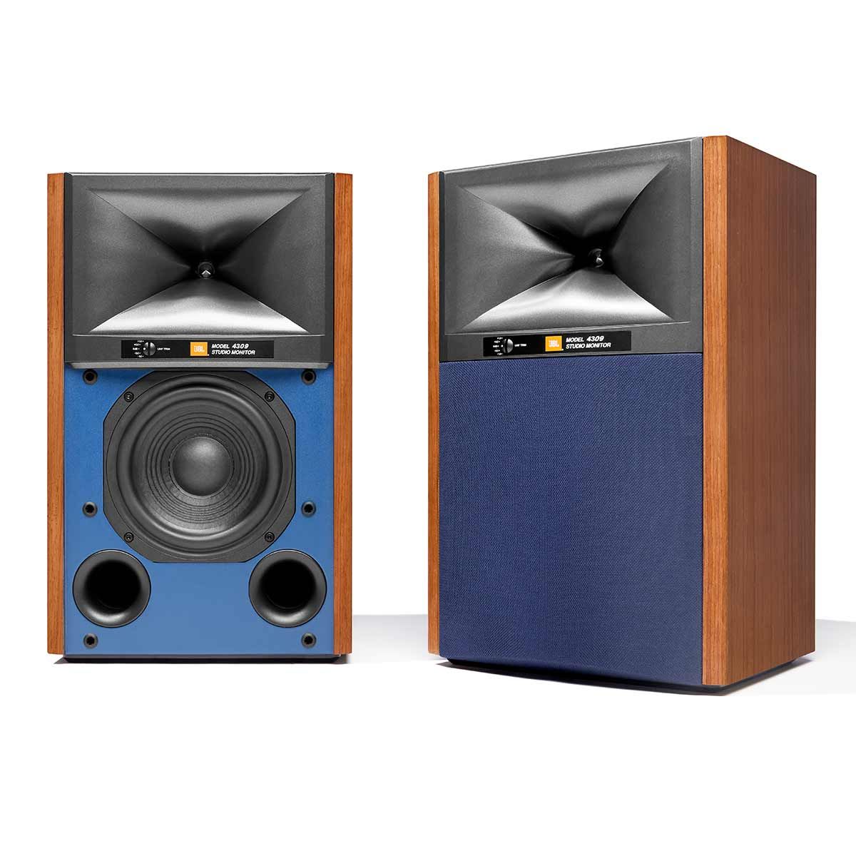 JBL Synthesis 4309 Bookshelf Speakers, Walnut, set of 2, one with grille, one without grille