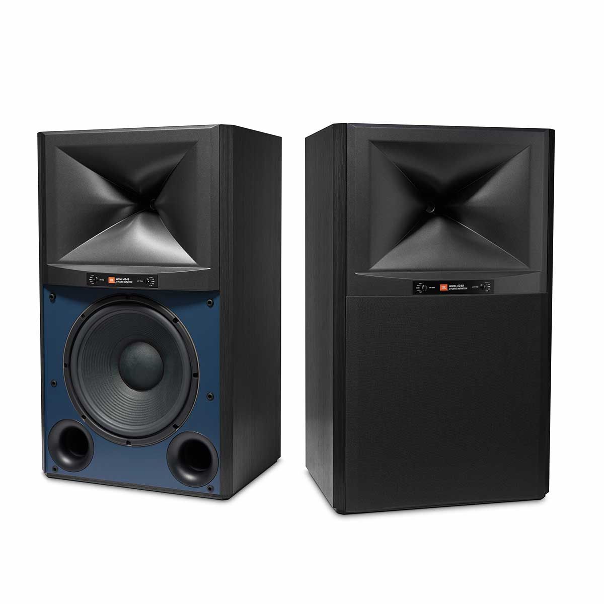 JBL Synthesis 4349 2-Way Studio Monitor, Black, set of two, one with grille and one without grille
