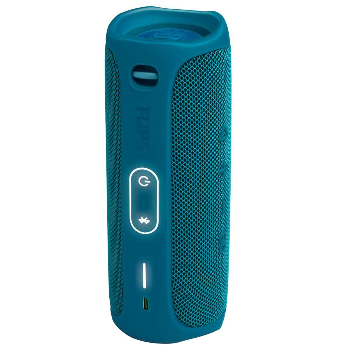 JBL Flip 5 Eco Edition Waterproof Bluetooth Speaker - Ocean Blue standing on end with buttons lit up