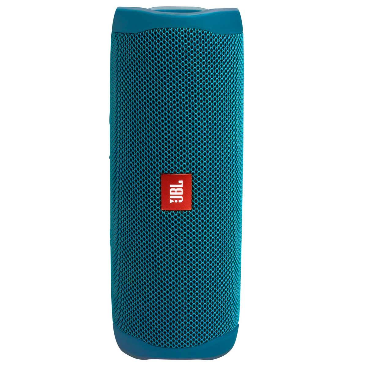 Angled view JBL Flip 5 Eco Edition Waterproof Bluetooth Speaker - Ocean Blue standing on end