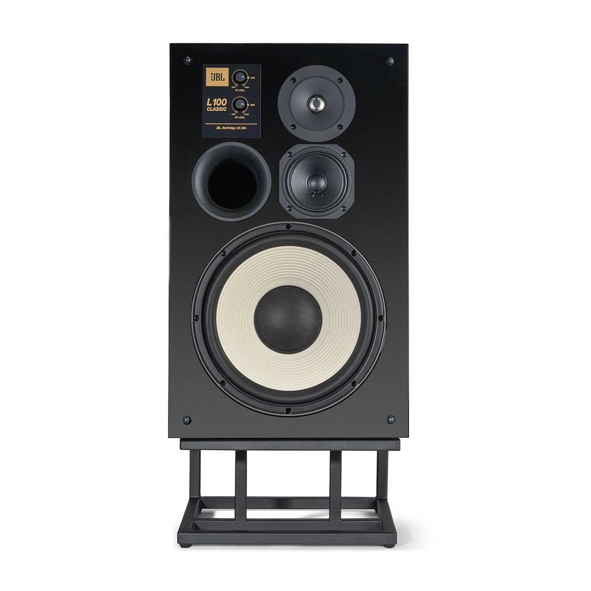JBL L100 Classic Bookshelf Speaker - Limited Edition Gloss Black front view of single speaker on JS120 stand without grille