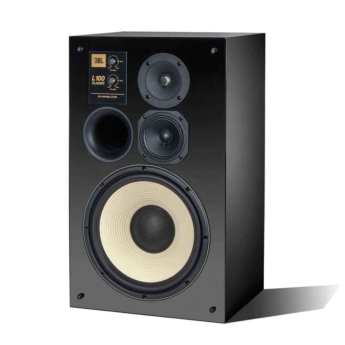 JBL L100 Classic Bookshelf Speaker - Limited Edition Gloss Black angled front view of single speaker without grille
