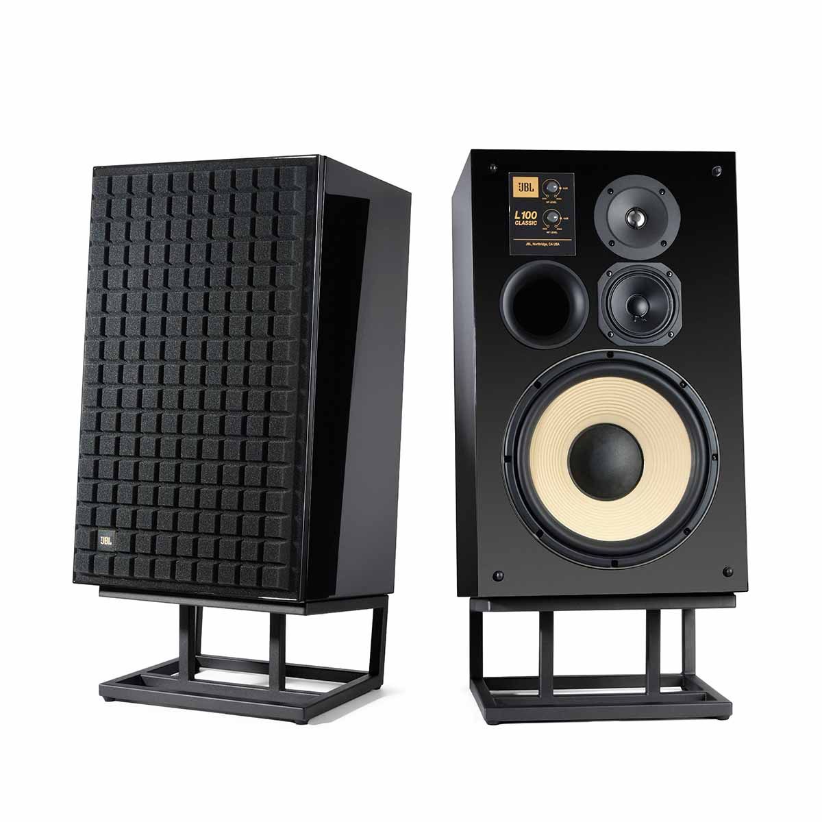 JBL L100 Classic Bookshelf Speaker - Limited Edition Gloss Black angled front view of pair on JS120 stands, one with grille, one without grille