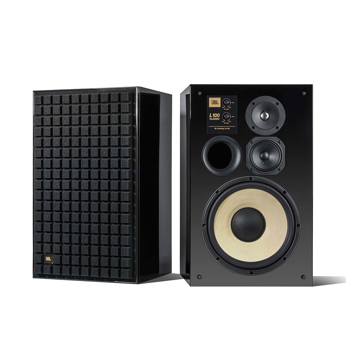 JBL L100 Classic Bookshelf Speaker - Limited Edition Gloss Black angled front view of pair, one with grille, one without grille