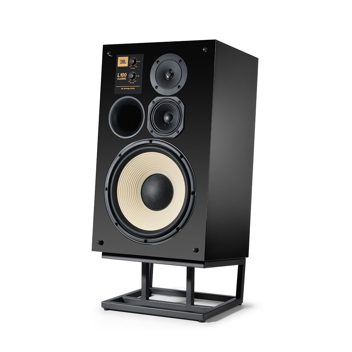 JBL L100 Classic Bookshelf Speaker - Limited Edition Gloss Black angled front view of single speaker on JS120 stand without grille