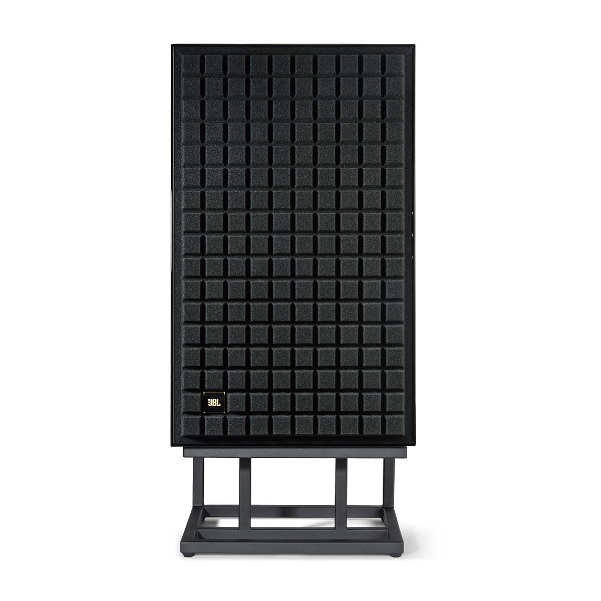 JBL L100 Classic Bookshelf Speaker - Limited Edition Gloss Black front view of single speaker on JS120 stand with grille